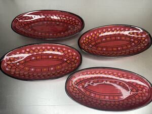 Le Souk Ceramique Tunisia Hand Painted Oval Bowl Dish Pottery Set Of 4